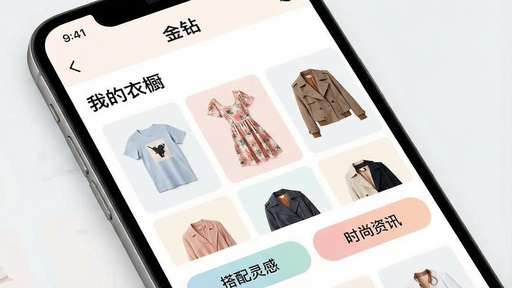 一张智能手机屏幕特写,屏幕内展示名为“金钻”的APP界面,界面布局清晰,上方显示“我的衣橱”分类标签,中间平铺展示多件衣物图片,包括T恤、连衣裙、外套,下方有“搭配灵感”和“时尚资讯”功能按钮,整体风格简约现代,色彩明亮柔和,UI设计精致,画质高清,干净无多余元素