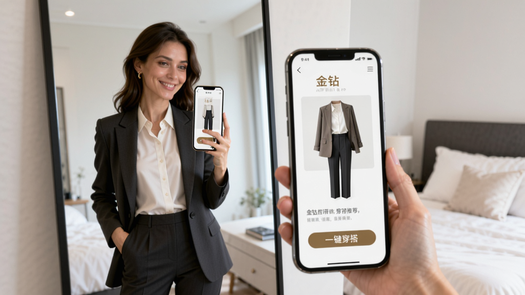一位时尚女性站在全身镜前,手持手机,手机屏幕上显示“金钻”APP的穿搭推荐页面,页面展示一套完整的通勤风格搭配,包括西装外套、衬衫和西裤,旁边有“一键穿搭”按钮,镜中映出她满意的微笑,背景是简洁明亮的卧室,风格时尚,画质高清,无多余元素