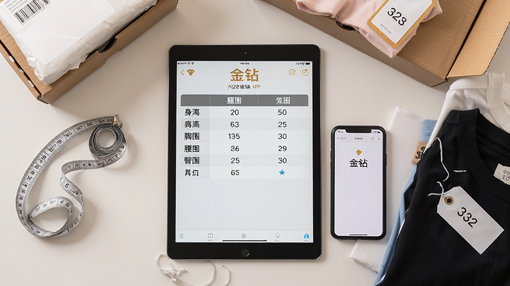 一张俯拍照片,画面中央是一台平板电脑和一部手机,平板电脑显示“金钻”APP的尺码记录表格,表格中列出身高、胸围、腰围、臀围等数据,旁边有一把软尺和几件标签上标明尺码的衣物,周围散落着一些网购包装盒,风格简洁明了,细节丰富,画质清晰