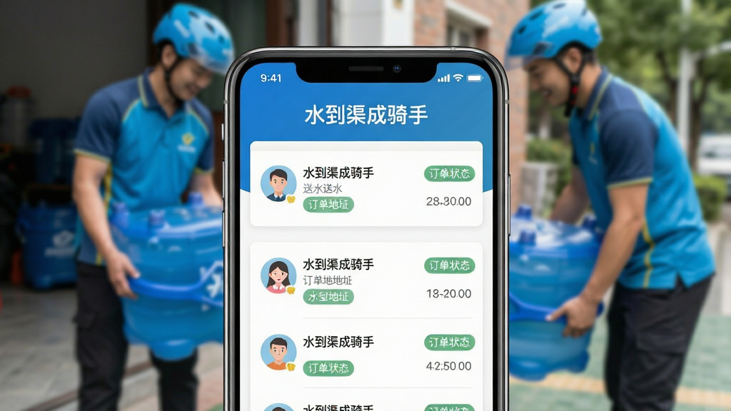 一张智能手机屏幕特写,屏幕中显示“水到渠成骑手”APP的主界面,顶部有“水到渠成骑手”文字标题,下方为订单列表,包含用户头像、送水地址、订单状态标签,背景为虚化的送水员正在搬桶装水的实景,画面干净明亮,手机占据画面中央,布局清晰,风格写实,细节丰富,画质高清,无多余元素