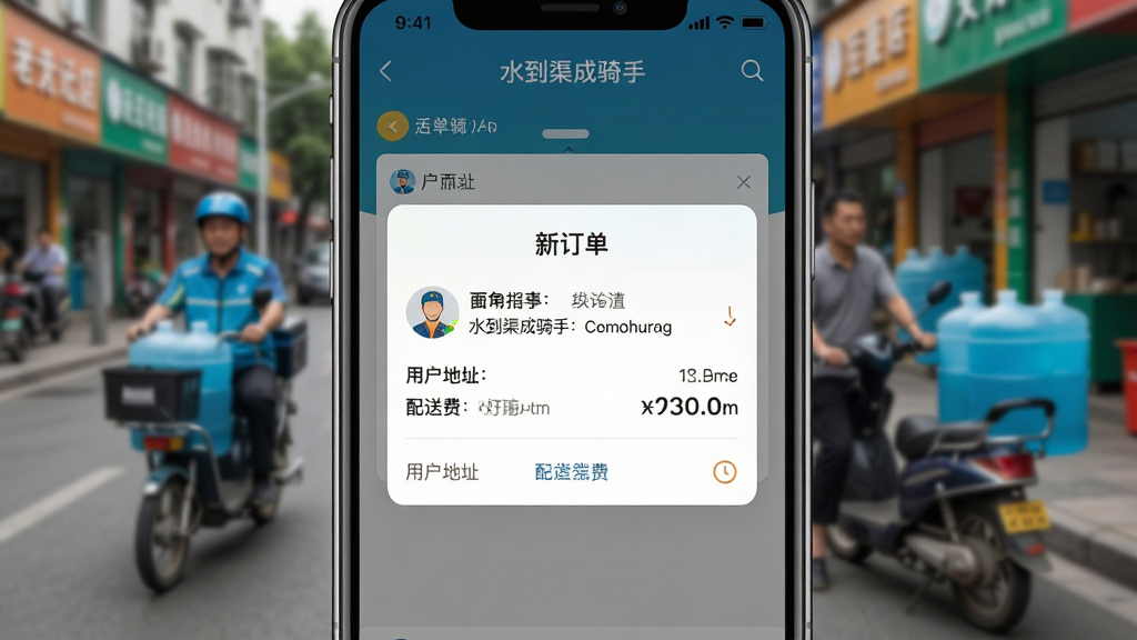 一张“水到渠成骑手”APP的订单推送界面截图,手机屏幕上显示“新订单”弹窗,包含用户地址、距离、配送费金额,背景为模糊的街道送水场景,画面主体为手机屏幕,布局居中,风格简洁实用,细节清晰,画质干净,无多余元素