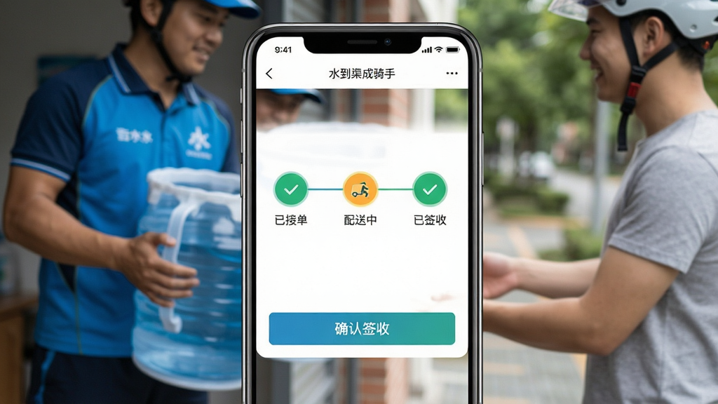 一张“水到渠成骑手”APP的订单详情页截图,屏幕中显示订单状态流程条,包含“已接单”“配送中”“已签收”三个高亮节点,下方有“确认签收”按钮,背景为送水员将桶装水递给客户的实拍画面,手机屏幕居中,布局简洁,风格写实,画质高清,无多余元素