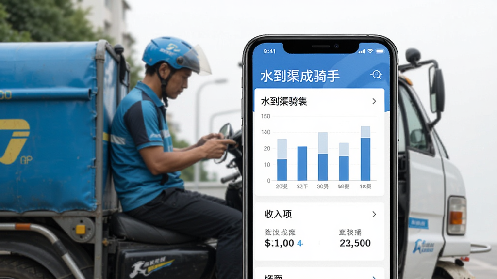 一张“水到渠成骑手”APP的统计报表页面截图,屏幕中显示柱状图和收入数字,背景为骑手坐在送水车上查看手机的侧面照,画面主体为手机屏幕,布局清晰,风格商务简约,画质高清,无多余元素