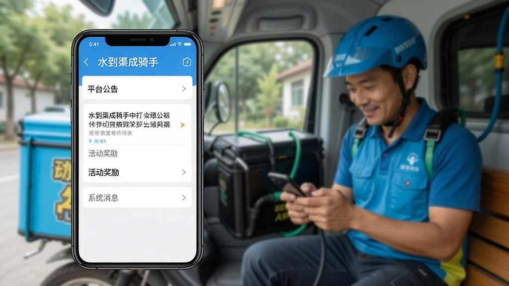 一张“水到渠成骑手”APP的消息中心截图,屏幕中显示“平台公告”“活动奖励”“系统消息”三个分类,背景为送水员休息时查看手机的场景,画面主体为手机屏幕,布局简洁,风格清新,画质干净,无多余元素