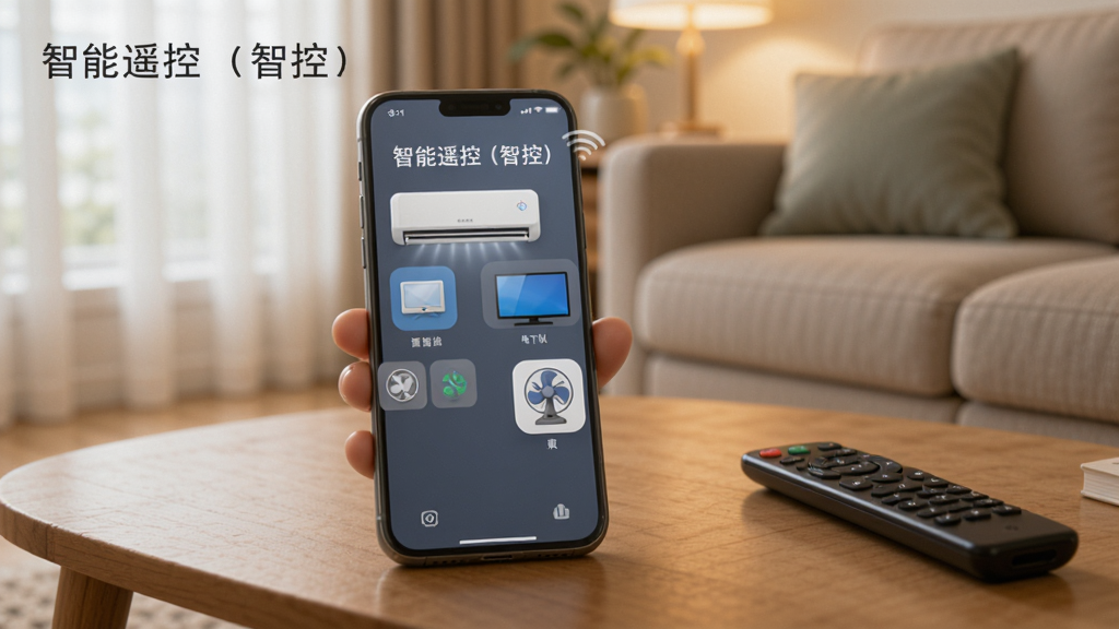 一幅展示智能手机屏幕显示智能遥控(智控)应用界面,界面中有空调、电视、电扇等多个设备图标,背景是温馨的客厅环境,手机放在茶几上,旁边有遥控器,画质清晰,干净无多余元素,文字标注“智能遥控(智控)”