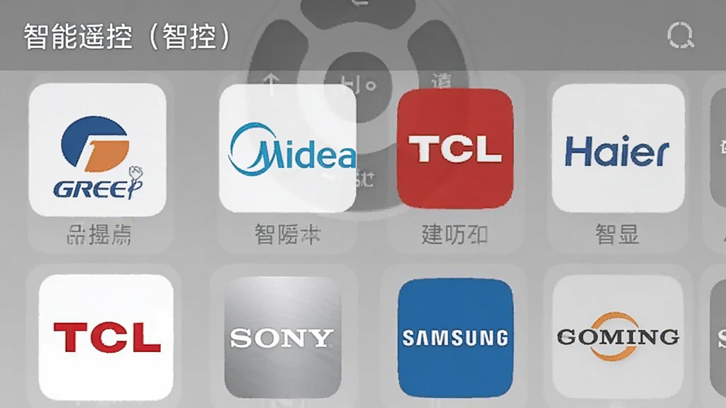 一张展示智能遥控(智控)应用内品牌选择列表的截图,列表包含格力、美的、海尔、TCL、索尼、三星等常见品牌图标,界面简洁,排列整齐,画质清晰,干净无多余元素,文字标注“智能遥控(智控)”