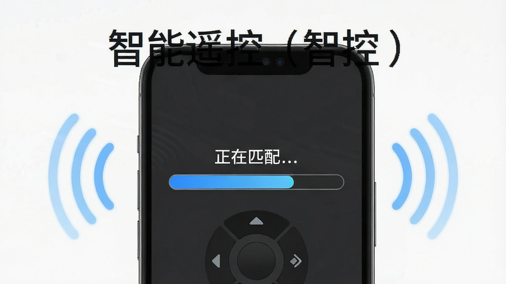 一张展示智能遥控(智控)匹配过程的示意图,手机屏幕上有“正在匹配...”的进度条,周围有信号波纹图标,背景简洁,突出匹配功能,画质清晰,干净无多余元素,文字标注“智能遥控(智控)”