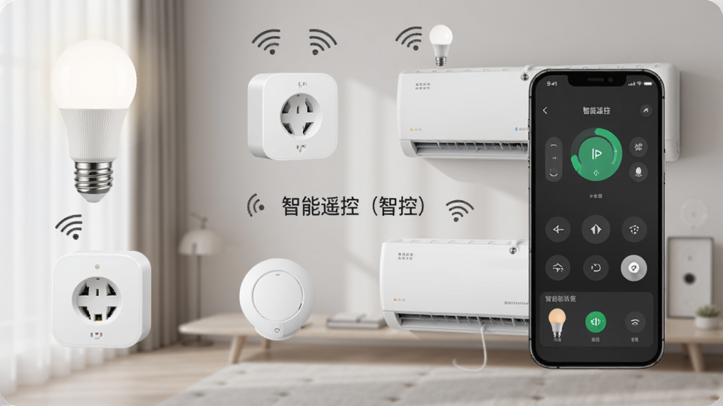一张展示智能遥控(智控)控制多个智能设备的场景图,画面中有智能灯泡、智能插座、空调等设备,手机屏幕显示控制界面,整体风格现代,画质清晰,干净无多余元素,文字标注“智能遥控(智控)”