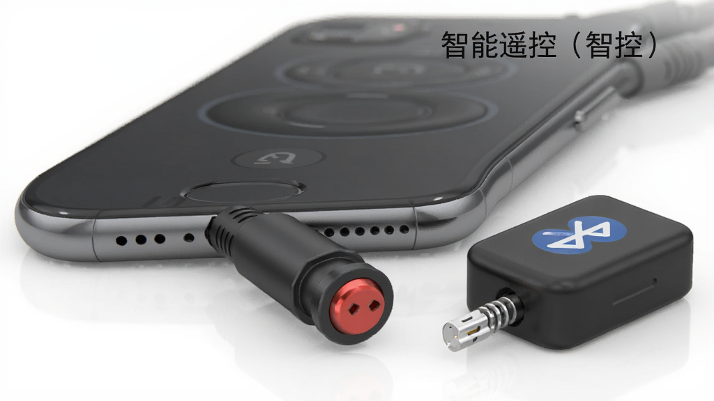 一张展示手机连接外部红外发射配件的示意图,手机底部插着一个红外发射头,旁边有蓝牙适配器,背景简洁,画质清晰,干净无多余元素,文字标注“智能遥控(智控)”