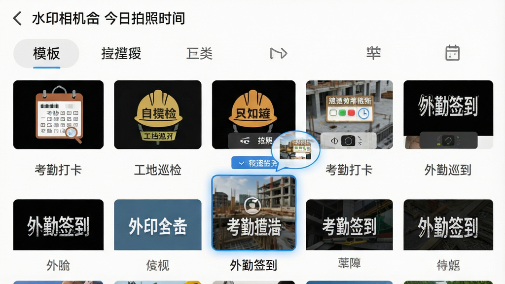 ���壺һ�š�ˮӡ�����������ʱ�䡱Ӧ����ģ��ѡ�����Ľ�ͼ����Ļ��չʾ���ˮӡģ������ͼ���硰���ڴ򿨡�������Ѳ�족������ǩ�����ȡ����֣��Ϸ�Ϊģ������ǩ�����·�Ϊ����״ģ������ͼ�б����Ű棺����ͼ�������У�ÿ������ͼ�·���עģ�����ơ���񣺱�ƽ����ƣ�������ˬ��ϸ�ڣ�����һ��ģ�屻ѡ�У�������ʾ�߿򣬲���ʾԤ�����ݡ����ʣ������������ɾ��޶���Ԫ�ء�