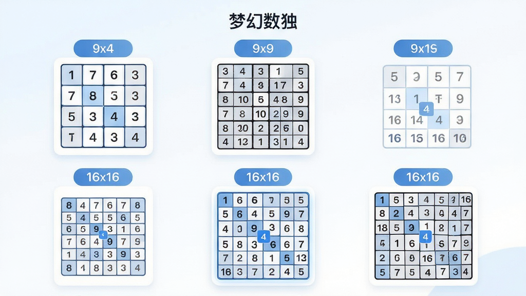 主体:展示“梦幻数独”应用内不同网格尺寸的切换界面,包含4x4、9x9、16x16的缩略预览图。布局:三个尺寸的棋盘模型并排或上下排列,每个模型上方有标签。排版:界面简洁,重点突出不同尺寸的对比,文字标签清晰可读。风格:清新简约的UI设计风格,使用柔和的蓝色和白色调。细节:每个棋盘模型内数字填充规则清晰,高亮显示当前选中的尺寸。画质:高分辨率,干净,无多余元素。