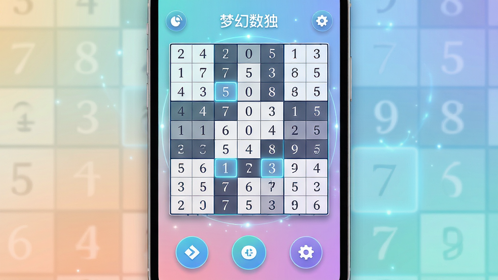 主体:一款名为“梦幻数独”的手机应用界面,屏幕上展示着9x9数独棋盘,部分格子填有数字,整体界面干净清爽。布局:应用界面居中,下方有虚拟功能按钮,背景为柔和的渐变色。排版:棋盘占据主视觉,数字清晰,周围有少量功能图标点缀。风格:现代扁平化设计,色彩明快,带有轻微的科技感光效。细节:棋盘上数字字体优雅,高亮显示当前选中格子,界面边缘有细腻的阴影过渡。画质:高清渲染,干净,无多余元素。