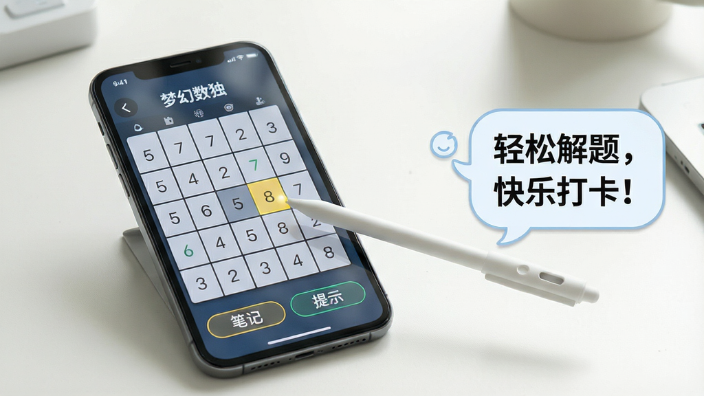 主体:一部智能手机横屏显示“梦幻数独”游戏界面,旁边有一支触控笔,模拟在平板上游玩的场景。布局:手机位于画面中央偏左,右侧留白并配有文字气泡说明。排版:界面显示9x9棋盘,一个格子被高亮,底部有“笔记”、“提示”等按钮。风格:生活化场景,光线明亮柔和,桌面整洁。细节:手机屏幕反光轻微,触控笔指向高亮格子,气泡文字为“轻松解题,快乐打卡!”画质:高清,干净,无多余元素。