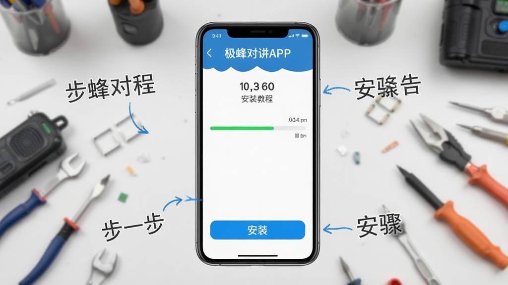 主体:极蜂对讲APP安装教程步骤图,手机屏幕显示安装界面,下方有“安装”按钮。布局:手机居中,背景是工具桌面。排版:步骤文字标注清晰。风格:图文教程风格。细节:安装进度条可见。画质:高清、干净、无多余元素。
