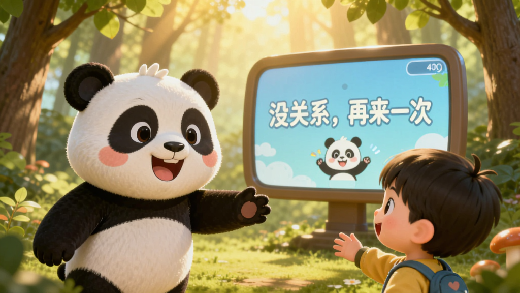 奇妙运动日鼓励界面,熊猫奇奇微笑着向孩子伸出手,屏幕显示“没关系,再来一次”的标语,背景是温暖的森林阳光,氛围温馨,卡通风格,画质柔和,无多余元素。