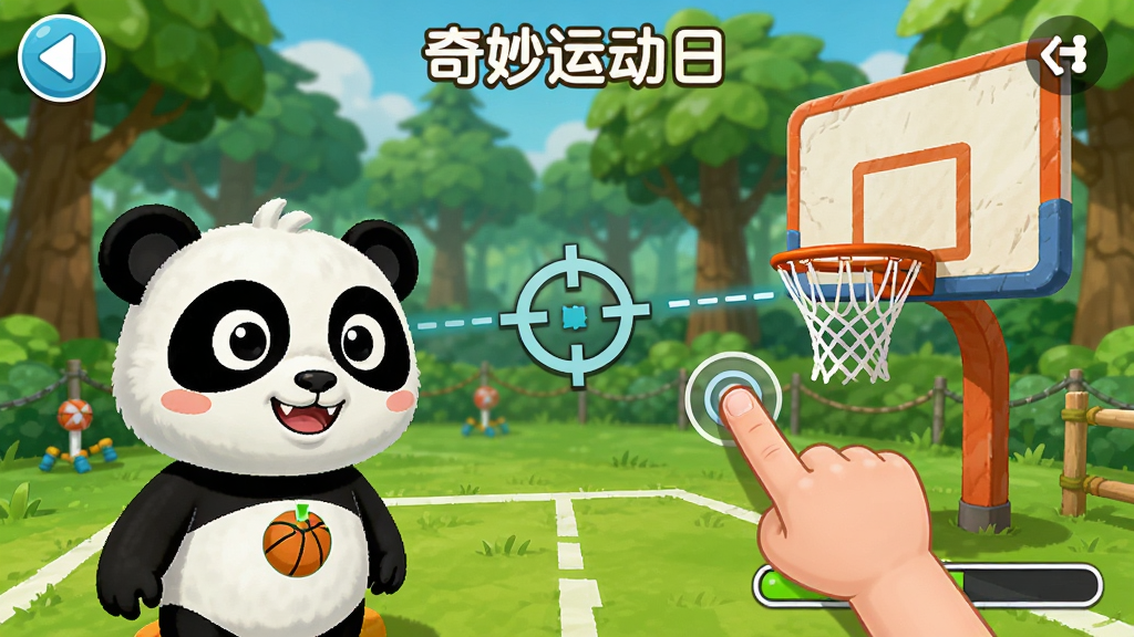 奇妙运动日游戏内篮球射击场景,熊猫奇奇站在屏幕左侧,右侧是篮筐和箭靶,孩子的手指正在点击屏幕调整方向,画面有瞄准线和力度条,背景是森林运动场,卡通渲染风格,色彩鲜艳,UI清晰,画质干净,无多余元素。