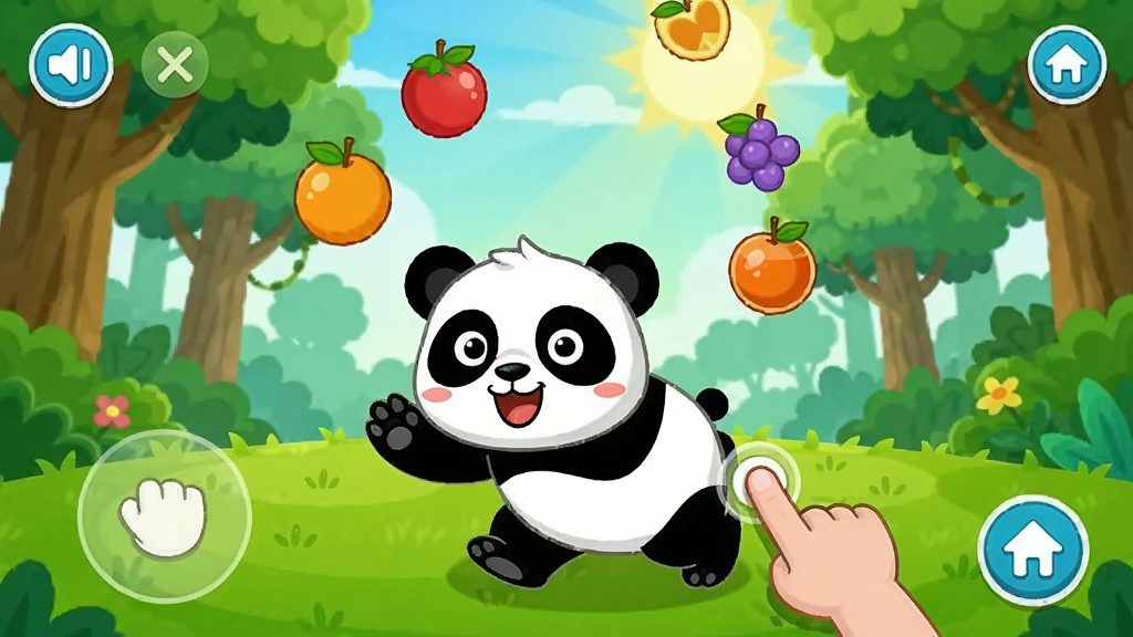 奇妙运动日友谊赛场景,熊猫奇奇在草地上左右移动,上方有水果掉落,孩子手指滑动控制移动,背景是森林和阳光,画面活泼,色彩明快,卡通风格,UI简洁,画质干净,无多余元素。