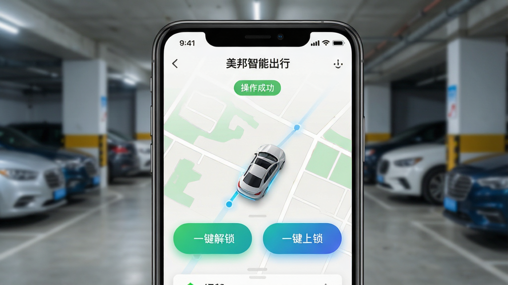 主体:手机屏幕特写,显示“美邦智能出行”远程控制界面,有“一键解锁”“一键上锁”按钮。布局:手机居中,背景为模糊的停车场环境。排版:界面简洁,按钮醒目,状态栏显示“操作成功”。风格:写实与UI结合,色调明亮。细节:车辆图标在手机地图上移动,按钮带有微光效。画质:高清,干净,无多余元素。
