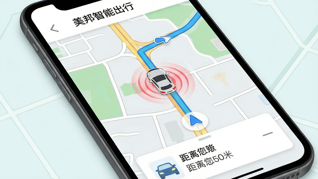 主体:手机地图界面,显示车辆定位图标与路线指引,顶部有“美邦智能出行”字样。布局:地图占据画面大部分,底部有车辆信息卡片。排版:地图标注清晰,路线高亮显示。风格:扁平化地图风格,颜色清新。细节:车辆图标带有脉冲波纹,卡片显示“距离您50米”。画质:高清,干净,无多余元素。