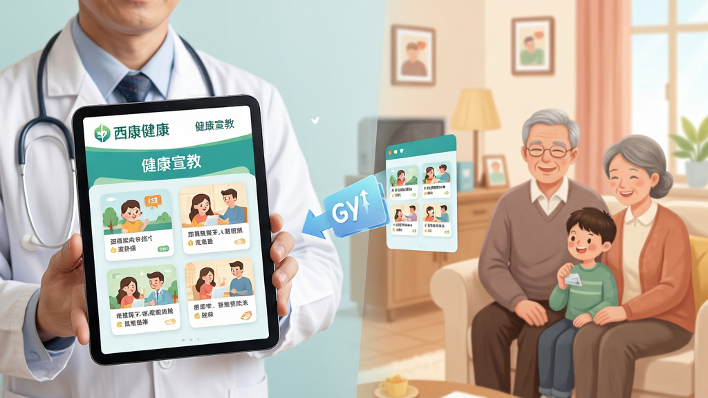 主体:一位医生手持平板电脑,屏幕上显示西康健康APP的健康宣教界面,内容为健康小常识图文卡片。布局:医生位于画面左侧,右侧有居民家庭的温馨场景,中间有信息推送的动画示意。排版:画面分三部分,突出宣教内容。风格:写实与插画结合,色彩柔和。细节:屏幕上有“西康健康”LOGO和“健康宣教”字样,卡片内容丰富。画质:高清,干净,无多余元素。