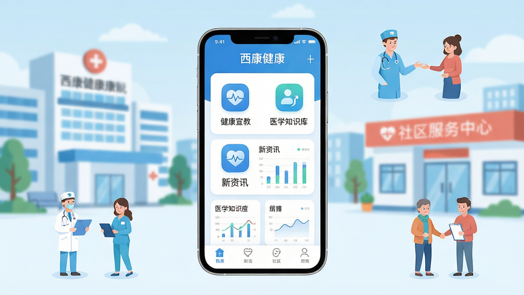 主体:手机屏幕上显示西康健康APP主界面,界面中有健康宣教、医学知识库、新资讯等模块图标,背景是现代化医院和社区服务中心的融合场景。布局:手机居中,屏幕内容清晰可辨,周边有医护人员和居民互动的小图标点缀。排版:采用扁平化设计,色彩以蓝色和白色为主,简洁大方。风格:科技感与医疗专业感结合,明亮通透。细节:屏幕中显示“西康健康”字样,图标圆润,有健康数据图表。画质:高清,干净,无多余元素。