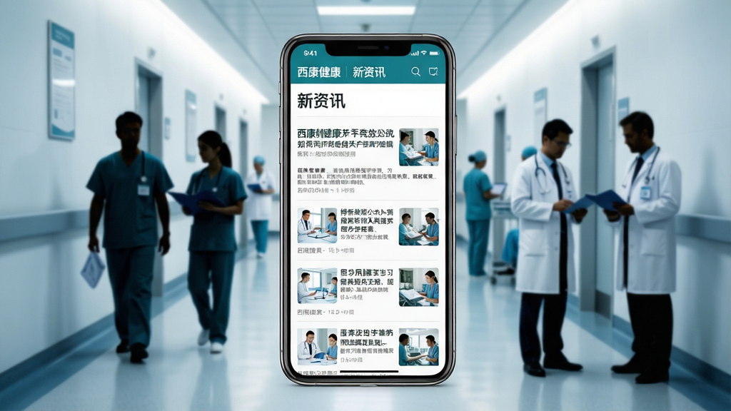 主体:手机屏幕显示西康健康APP的新资讯列表,包含多条医学新闻标题和缩略图。布局:手机居中,背景为医院走廊和医生忙碌的剪影。排版:列表式布局,清晰易读。风格:现代简约,新闻感强。细节:屏幕上有“西康健康”和“新资讯”字样,新闻标题醒目。画质:高清,干净,无多余元素。
