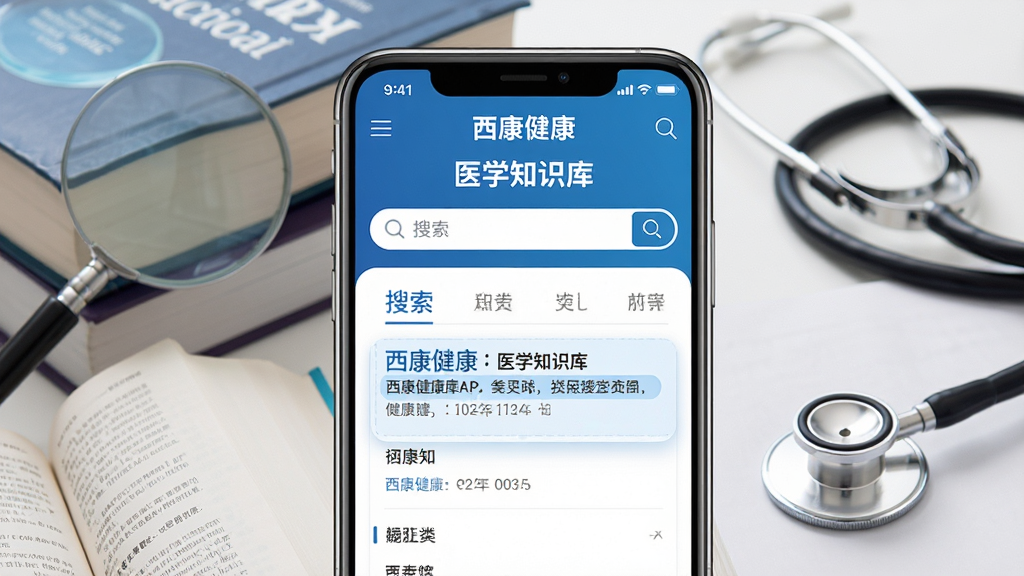 主体:打开的西康健康APP医学知识库界面,显示搜索框和分类目录,背景是医学书籍和听诊器。布局:手机屏幕居中,周围有放大镜、书籍等元素。排版:清晰明了,突出搜索功能。风格:专业学术风格,蓝白配色。细节:屏幕上有“西康健康”和“医学知识库”字样,搜索结果高亮显示。画质:高清,干净,无多余元素。