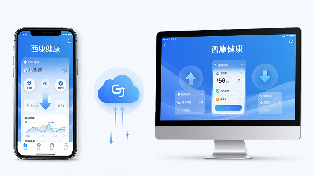 主体:手机和电脑并排显示西康健康APP的界面,演示数据同步功能。布局:左边手机,右边电脑,中间有云同步图标。排版:左右对称,清晰展示多设备协同。风格:现代科技感,蓝色调。细节:屏幕上显示“西康健康”字样,有数据上传下载动画。画质:高清,干净,无多余元素。