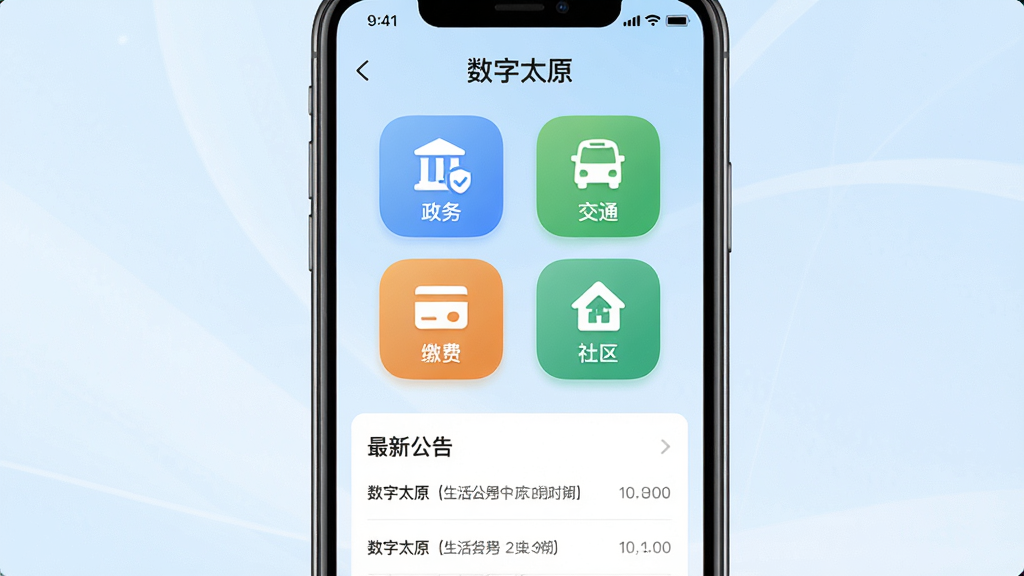 �ֻ�����չʾ������̫ԭ�����������棬��Ļ����ʾ�����񡱡�����ͨ�������ɷѡ������������ĸ�����ͼ�꣬�·�Ϊ���¹����б�������Ϊ����ɫ���䣬�����������ϸ�ڰ���ͼ��Բ�Ǻ͹���ʱ��������ʸ��壬�ɾ��޶���Ԫ��