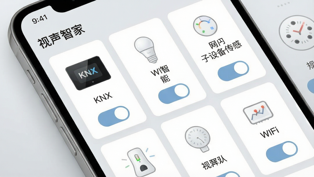 һ�ż�������ֻ�APP������д����Ļ�С������Ǽҡ�Ӧ���Կ�Ƭʽ����չʾ��ͬЭ���豸������KNX�¿���塢WiFi���ܵ��ݡ��������豸�������ȣ�ÿ����Ƭ�·����п���״̬��ť������Ϊ��͵�ǳ��ɫ���䣬������Ƹɾ����࣬ͼ������������ͻ�����豸ͳһ�����ĺ��Ĺ��ܣ����ʾ�ϸ���޶���������Ԫ��