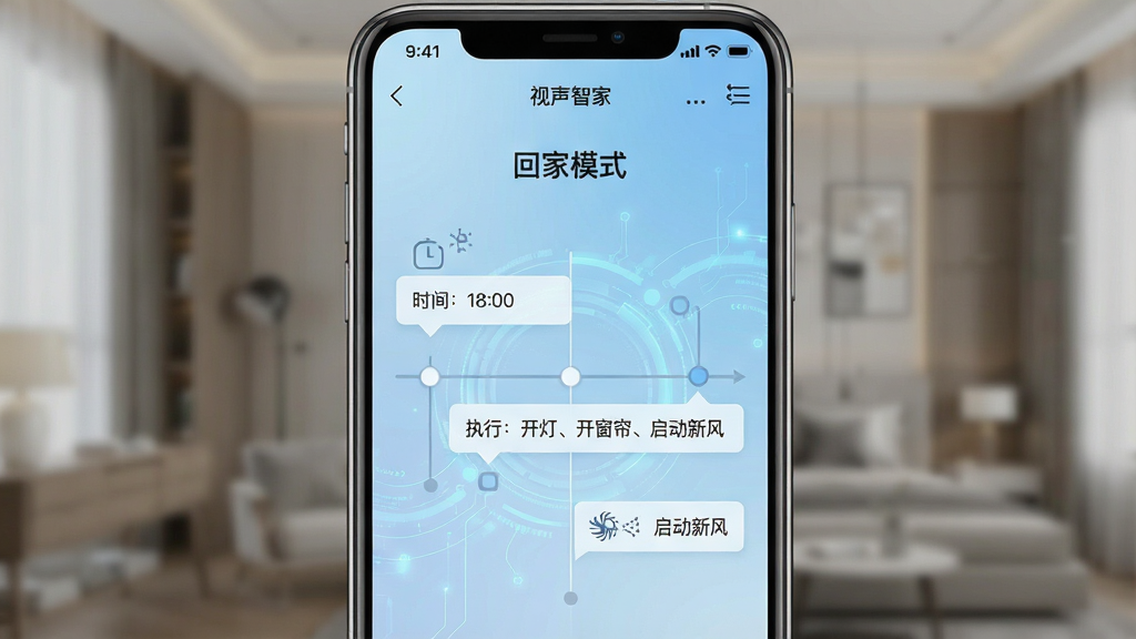 һ���ֻ�������ͼ����ʾ�������Ǽҡ�APP�ĳ����༭ҳ�棬ҳ�涥��Ϊ���ؼ�ģʽ�����⣬�·�Ϊ���������붯��ִ�е�ʱ����ʾ��ͼ��������ʱ�䣺18:00������ִ�У����ơ��������������·硱����Ŀ������Ϊ����ɫ�Ƽ��н��䣬�������׶���ͻ���Զ������ŵ�ֱ���������ԣ������������޶���װ��