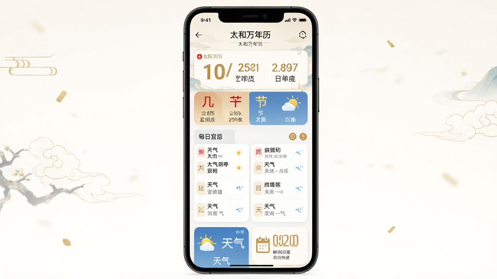 ���壺̫��������App�Ľ���չʾ��һ�������ֻ���Ļ��ʾ̫������������ҳ�棬�Ϸ���ʾ����ũ��������������м���ÿ���˼��б����·����������ճ̿����ڣ����֣��ֻ����У������������������ף��Ű棺������ˣ���Ϣ�㼶��������񣺹���廭���ִ�UI��ϣ����ű�������ɫ��׺��ϸ�ڣ����������������˼����ֿɶ�������ͼ�꾫�£����ʣ�������Ⱦ���ɾ����޶���Ԫ�ء�