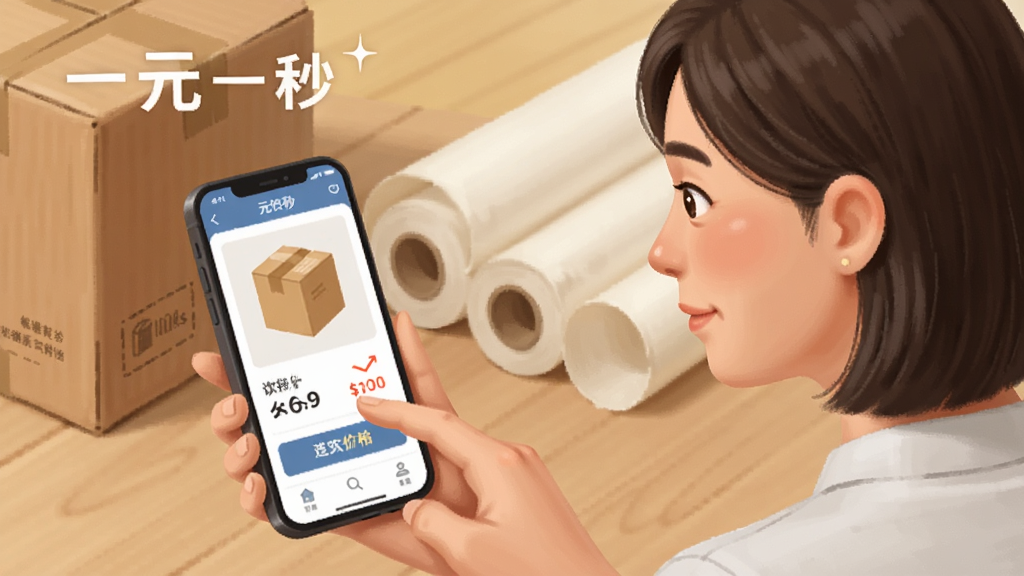 一幅展示一元一秒应用使用场景的插画,一位包装设计师正在手机前操作应用,屏幕显示设计结果与价格,背景有纸箱和卷纸,风格温馨写实,标注