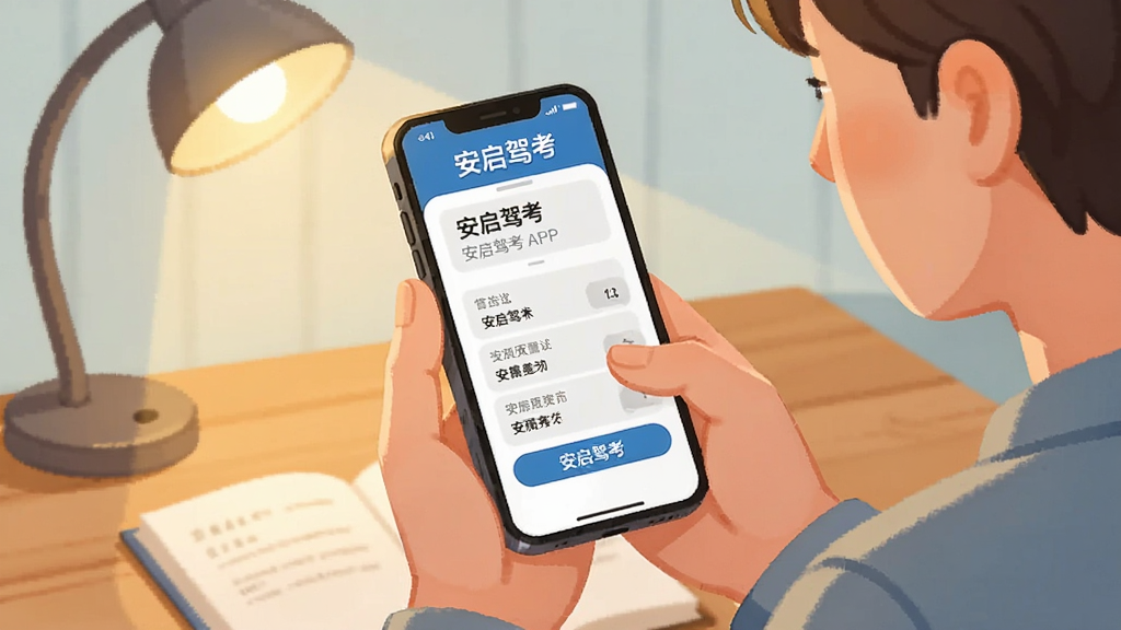 一幅展示用户使用安启驾考APP学习场景的插画,主体是用户手持手机,屏幕显示“安启驾考”答题界面,背景有书桌和台灯,整体布局温馨,插画风格,色彩温暖,突出学习氛围,画质细腻,干净无杂物。