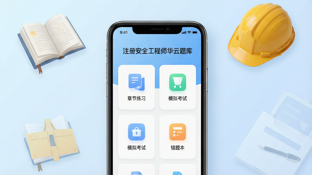 一张现代简约风格的设计图,主体展示一部智能手机屏幕,屏幕上显示“注册安全工程师华云题库”的APP界面,界面包含章节练习、模拟考试、错题本等图标,背景为淡蓝色渐变,布局居中,排版清晰,风格干净明亮,细节包括书本、安全帽等元素,画质高清,干净无多余元素