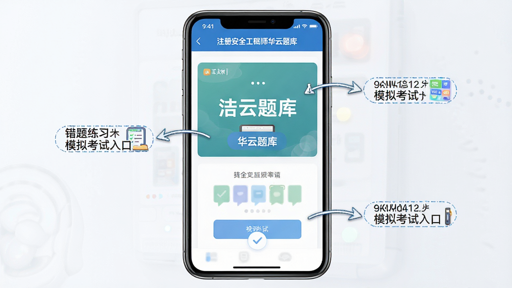 一张教学示意图,主体为手机屏幕上的操作界面,展示“注册安全工程师华云题库”的错题练习和模拟考试入口,背景简洁,布局清晰,排版整齐,风格写实,细节标注操作步骤,画质高清,干净无多余元素