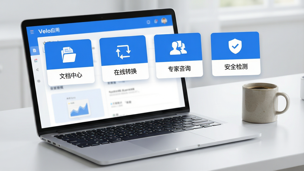 Velo应用首页功能模块截图展示,界面采用卡片式布局,每个卡片图标下配有中文标签,如“文档中心”“在线转换”“专家咨询”“安全检测”,整体配色以蓝白为主,屏幕背景为浅灰色,桌面摆放着笔记本电脑和咖啡杯,画面干净整洁,风格写实且细节丰富。