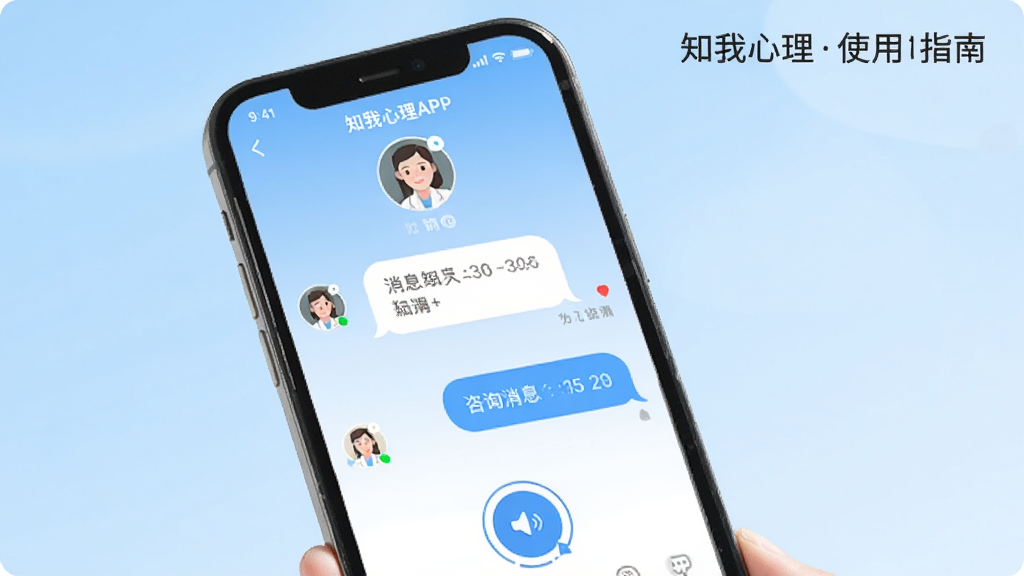 手机屏幕展示知我心理APP的即时咨询界面,画面中有咨询师头像、对话气泡与语音按钮,背景为浅蓝色渐变,界面简洁,采用扁平化设计,排版整齐,细节包括消息时间戳与已读状态,画质清晰干净,无多余元素,图片标注