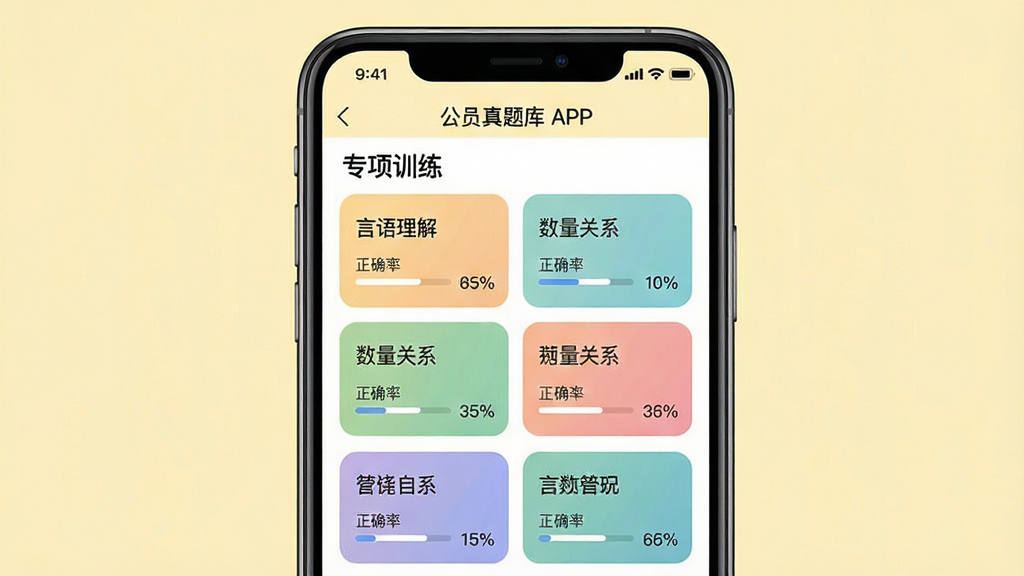 主体:公务员考试真题库APP刷题界面,手机屏幕显示专项训练选项,背景为淡黄色。布局:手机居中,屏幕上有“言语理解”“数量关系”等彩色模块按钮。排版:模块按钮整齐排列,文字清晰。风格:清新简约,色彩柔和。细节:每个模块旁配有进度条和正确率百分比。画质:高清,干净无多余元素。