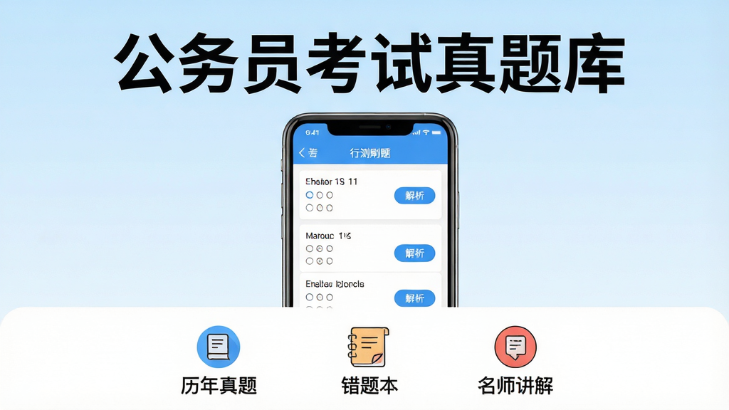 主体:公务员考试真题库APP界面展示,手机屏幕显示行测刷题页面,背景为浅蓝色渐变。布局:手机居中,四周留白,下方有“历年真题”“错题本”“名师讲解”等图标。排版:简洁清晰,文字“公务员考试真题库”位于屏幕上方,字体加粗。风格:现代扁平化,色彩明亮干净。细节:手机屏幕上显示题目列表,每题有选项和解析按钮。画质:高清渲染,干净无多余元素。