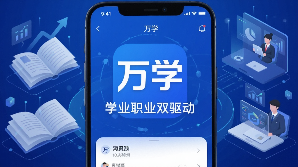 图片展示万学App主界面,以蓝色科技感为主色调,界面中央显示“万学”Logo和“学业职业双驱动”标语,背景为抽象的学习与职场元素,布局简洁大方,排版清晰,风格现代,细节丰富,画质高清,干净无多余元素