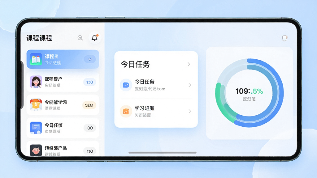 图片展示万学App智能学习规划功能界面,左侧为课程列表,右侧为学习进度环形图,中间显示“今日任务”卡片,背景为浅蓝色渐变,界面以卡片式布局,风格清爽,细节精致,画质清晰,干净无多余元素