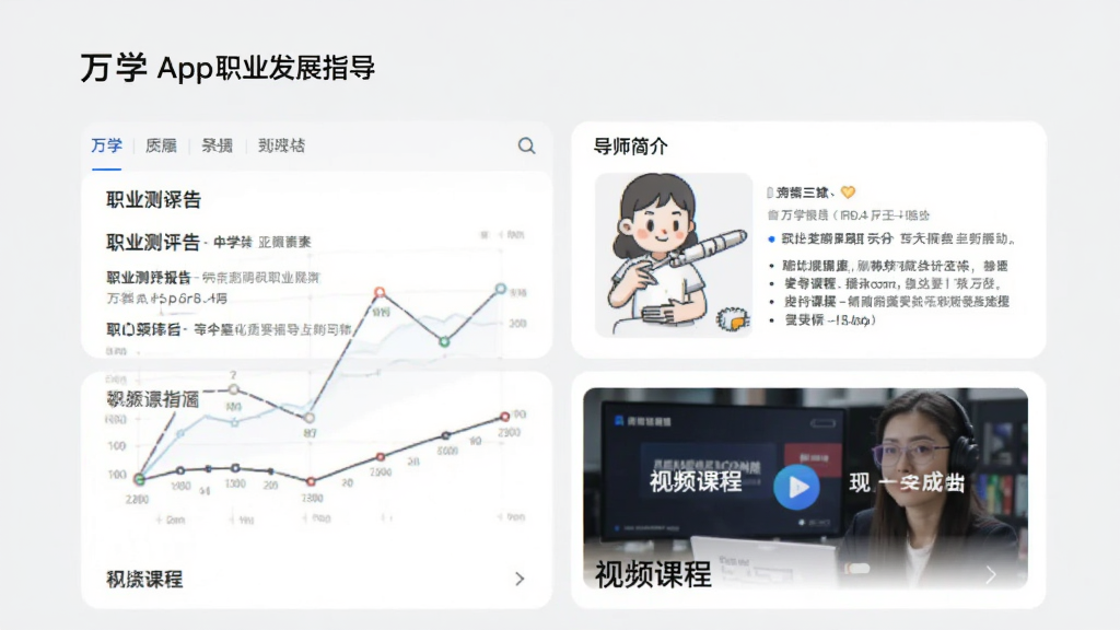 图片展示万学App职业发展指导页面,包含职业测评报告、导师简介、视频课程等模块,以表格形式排列,背景为淡灰色,风格简约,排版规整,细节清晰,画质高清,干净无多余元素