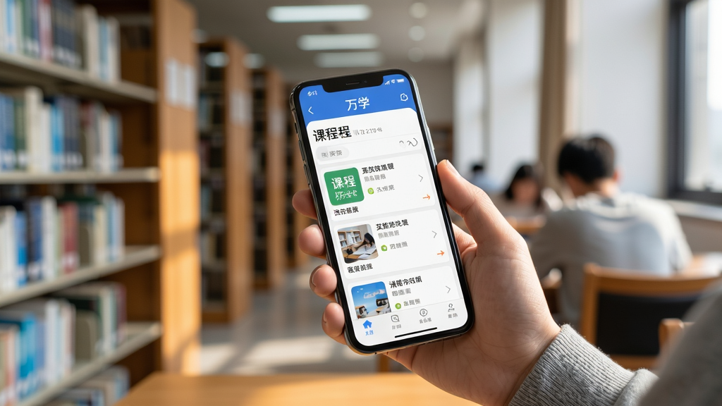 图片展示万学App使用场景,用户手持手机在图书馆学习,屏幕显示课程列表,背景书架,侧光,风格自然,细节丰富,画质高清,干净无多余元素