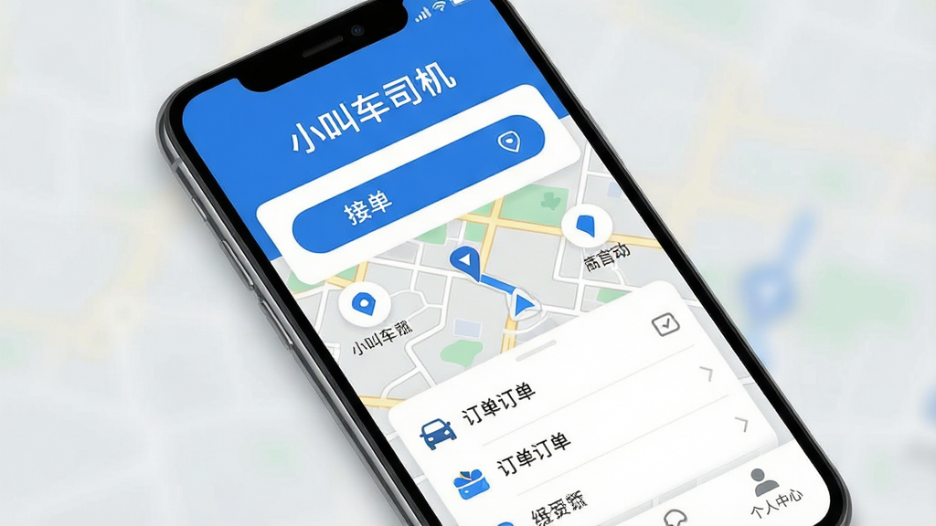 一张智能手机屏幕展示“小叫车司机”主界面,界面顶部显示“小叫车司机”字样,下方有接单按钮、导航地图、订单列表、个人中心等图标,整体风格简洁现代,蓝白配色,背景为浅灰色,突出APP界面,画质高清,干净无多余元素