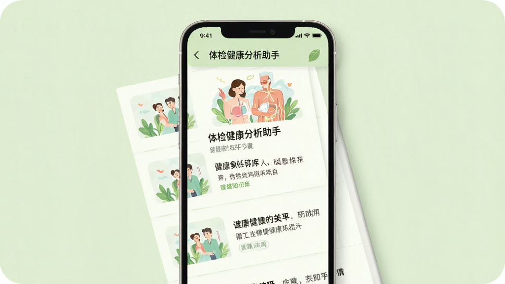 体检健康分析助手健康知识库界面,手机屏幕展示多篇健康文章列表,配有插图和标题,背景为浅绿色,风格清新自然,布局整齐,画质柔和干净