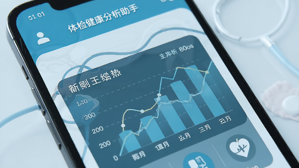 体检健康分析助手主界面展示,手机屏幕显示体检报告分析结果图表,背景为淡蓝色医疗风格,界面简洁现代,图标清晰,整体色调清新专业,画质干净无多余元素