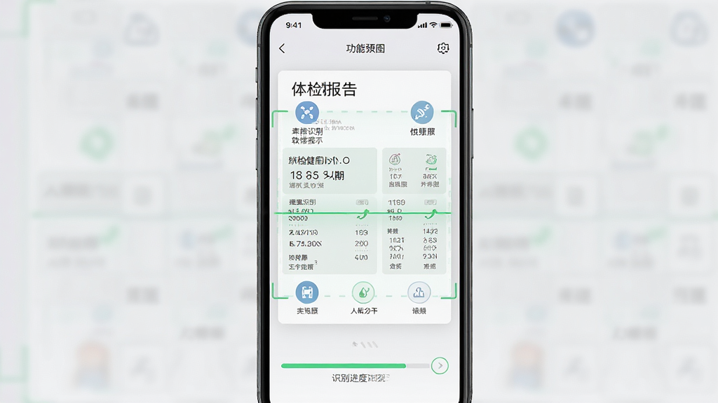 体检健康分析助手软件功能预览图,手机扫描体检报告单,自动识别文字和数据,界面显示识别进度条,背景为浅灰色,风格简洁现代,功能图标清晰标注,画质高清干净
