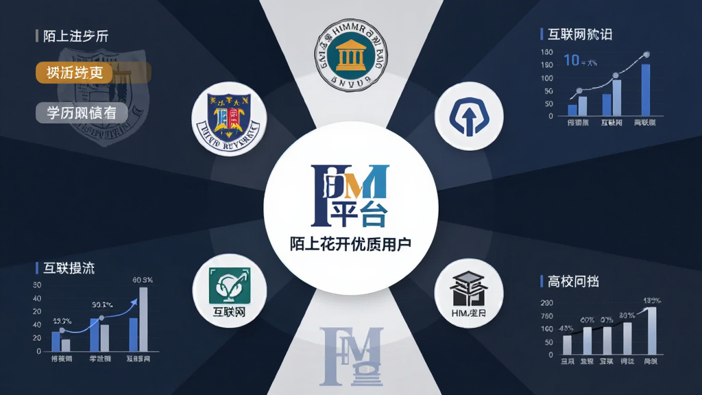 一张精美的信息图,主题为“陌上花开HIMMR优质用户”,中心是平台Logo,四周环绕着名校校徽、行业图标(金融、互联网、高校),布局呈放射状,排版专业,风格商务简约,细节包括学历标签和数据图表,画质干净清晰,无多余元素。