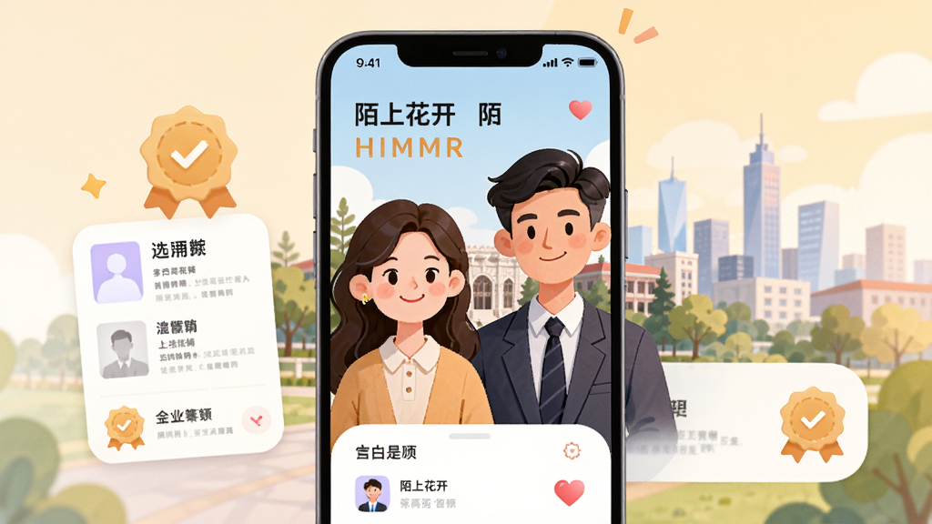 一幅温暖明亮的插画,主体是“陌上花开HIMMR”的应用程序界面概念图,画面中央是手机屏幕,屏幕内展示一对高学历男女的卡通形象,背景是清华园和城市天际线,布局清晰,排版现代,风格清新文艺,细节包括简历卡片、认证徽章和爱心图标,画质高清干净,无多余元素。